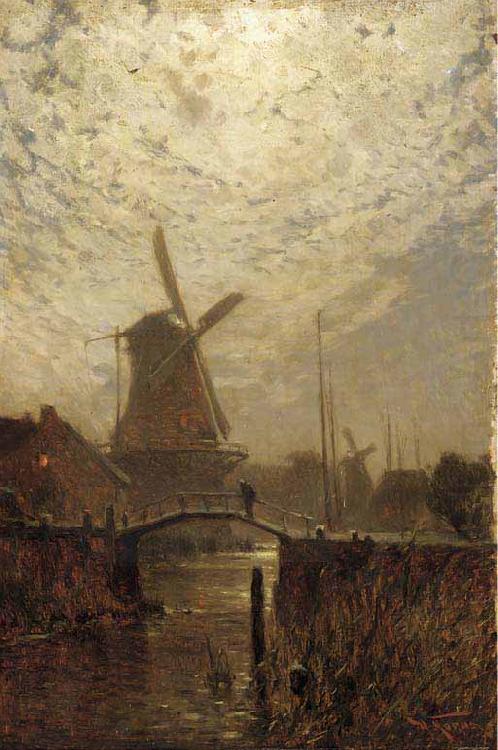 Walter Moras A figure crossing a bridge over a Dutch waterway by moonlight china oil painting image